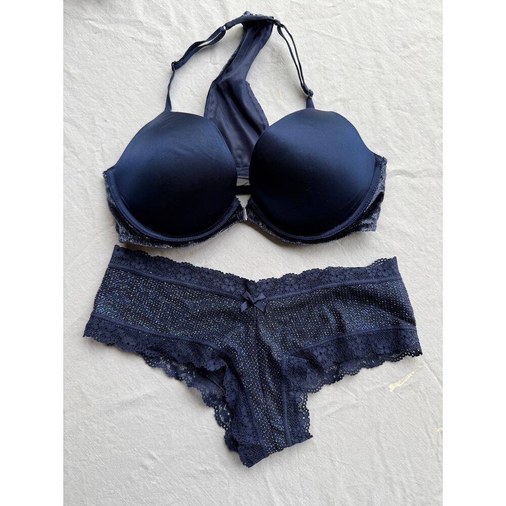 Victoria's Secret Navy Blue Lace Push-Up Bra & Cheeky Panty Set